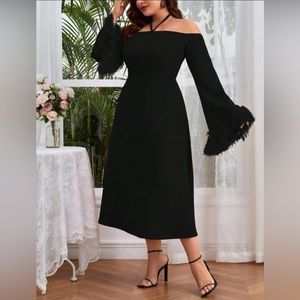 Plus size fuzzy cuff halter neck flounced sleeve dress. 3X